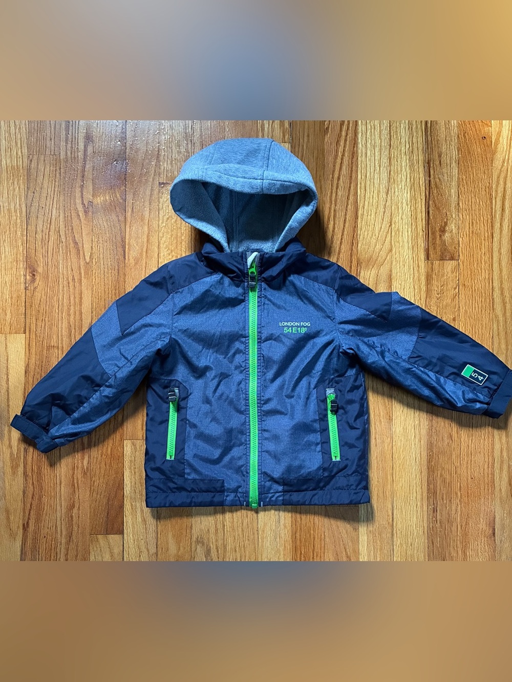 London Fog Blue Green Gray Hooded Windbreaker Fleece Lined Zip Jacket Kid’s 4T